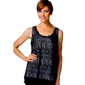 CAbi Emily 552 Black Lace Overlay Long Tank Sz L